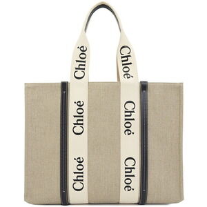 Chloe Woody tote bag linen leather trim logo webbing